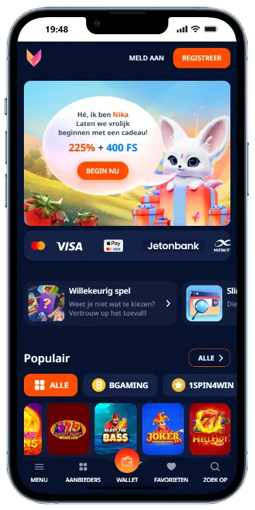 Mobiele bonuspagina van Nika Casino met welkomstbonus van 150% vanaf 20 euro en een tweede bonus van 400 free spins